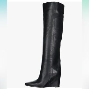 VINCE Camuto Tiasie Black Knee High Leather boots Wedge Pointed 6.5 37 New